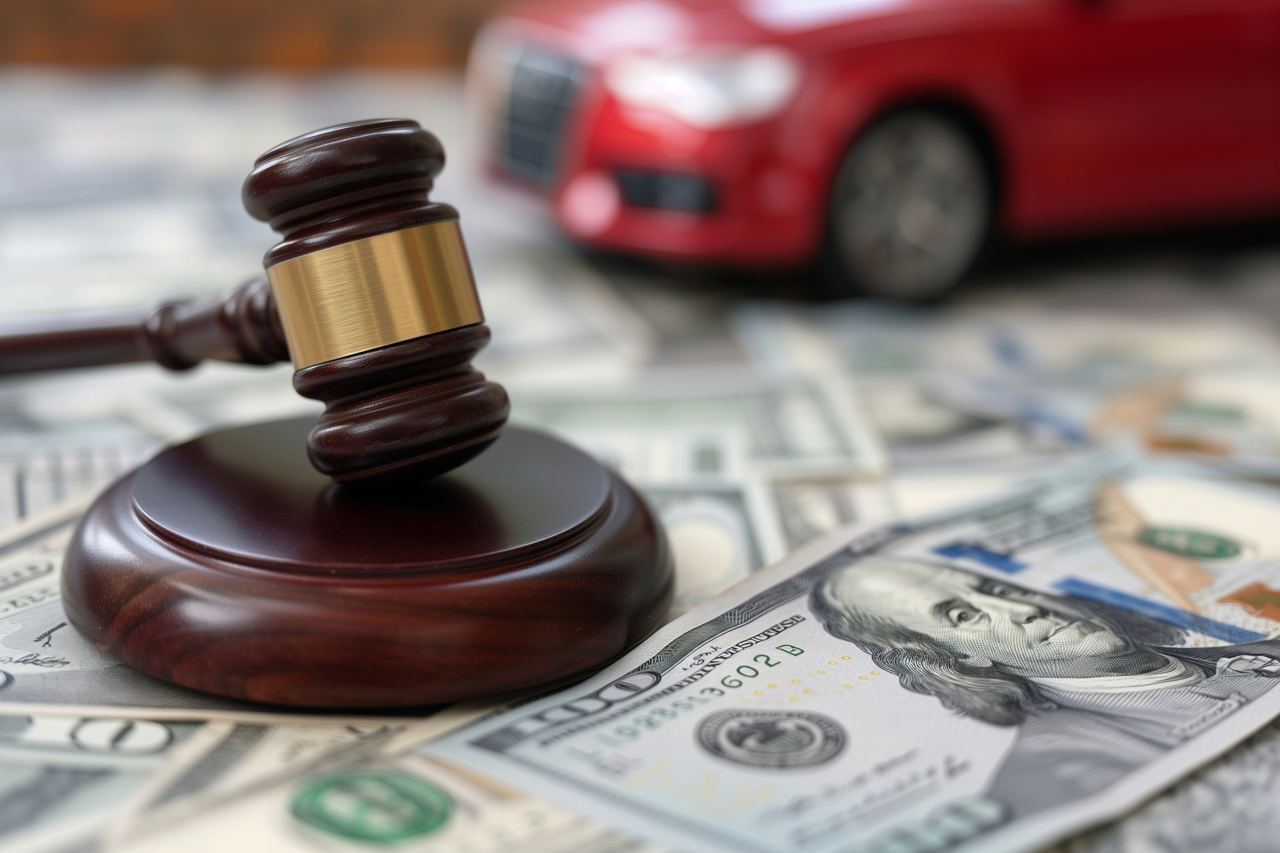 Legal gavel on cash with damaged car symbolizing accident costs.