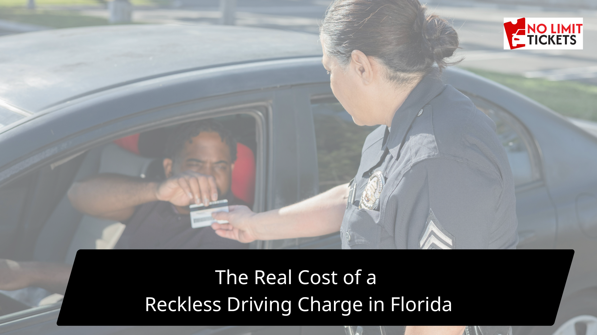 A lady officer handing over a speeding ticket to a driver, along with the title.